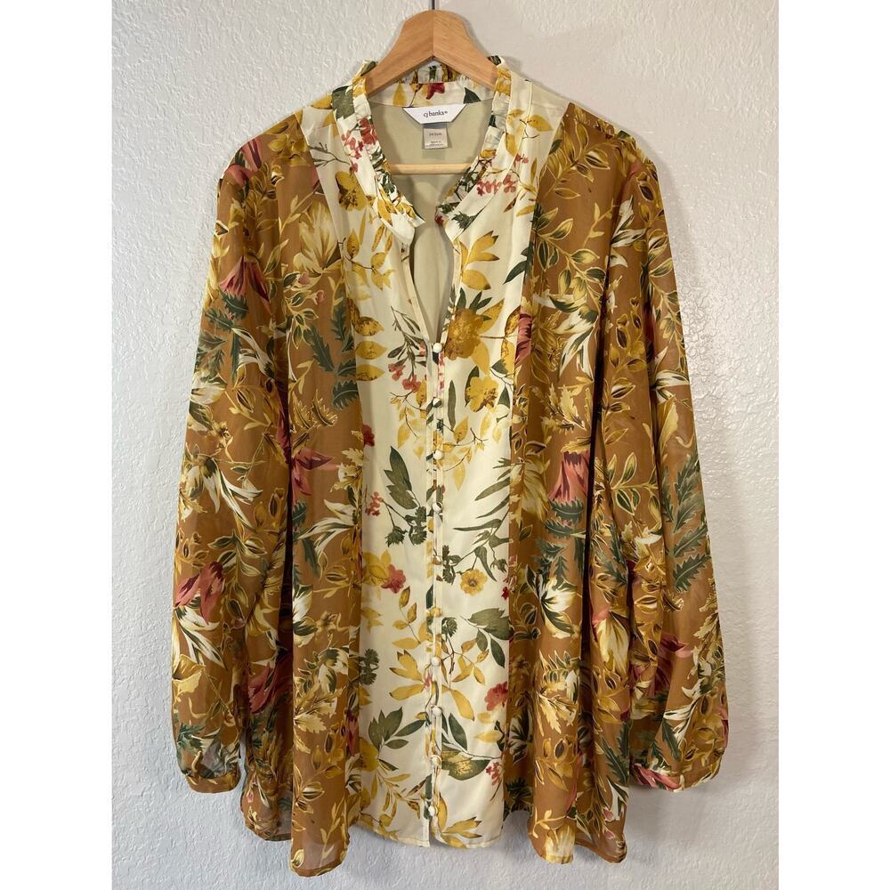 CJ BANKS Womens Sheer Blouse Floral Sz 24-26W Cottage Core Prairie Core Tropical